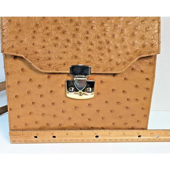 Scuola Del Cuoio Ostrich Leather Caramel Brown Flap Handbag Purse Firenze Italy - Picture 16 of 16